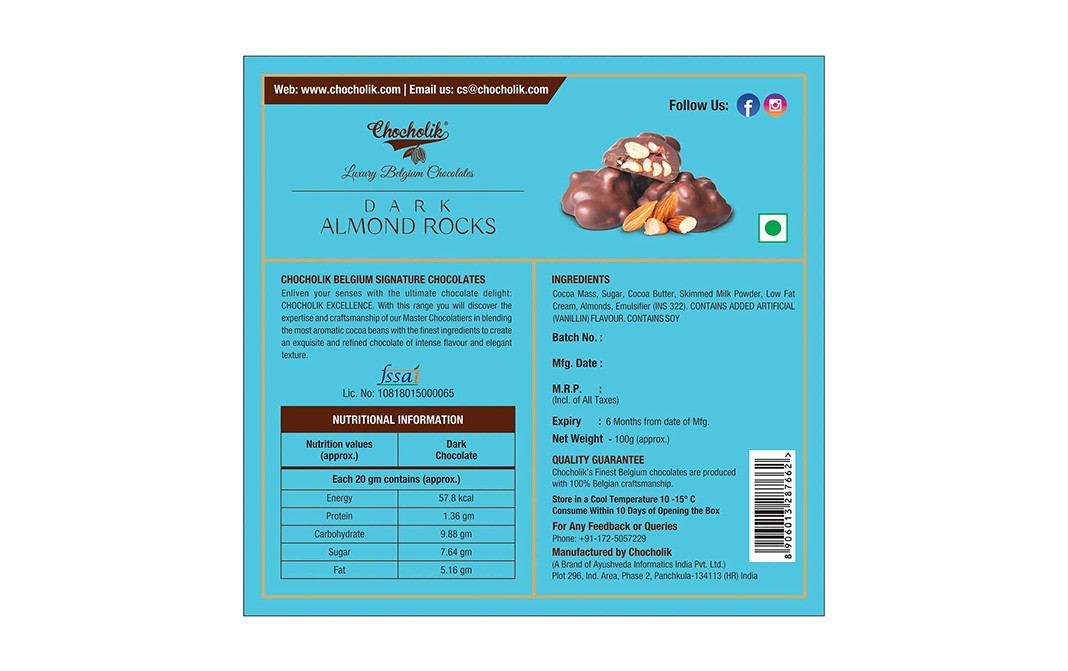 Chocholik Dark Almond Rocks Belgian Chocolates   Box  100 grams